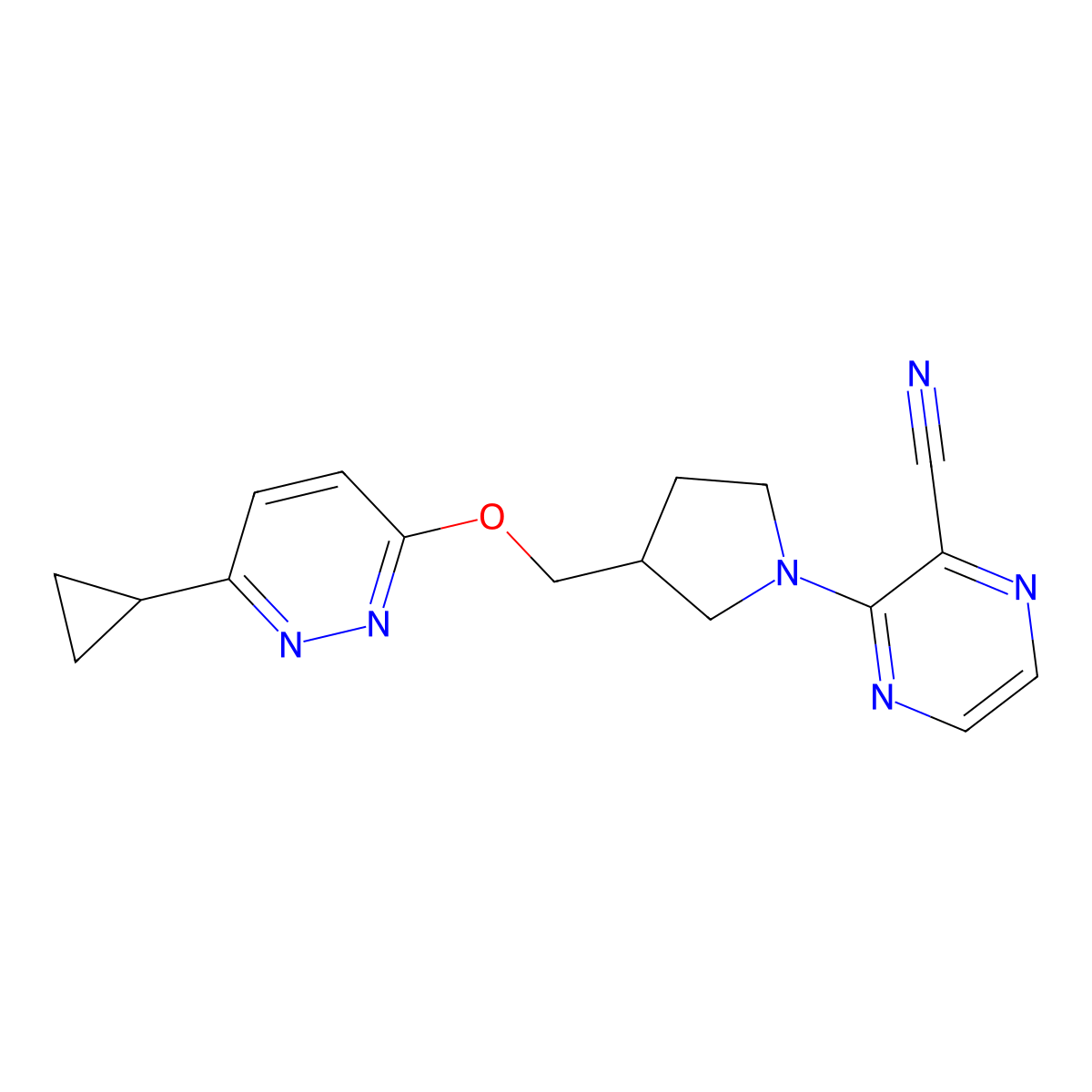 3-(3-{[(6-Cyclopropylpyridazin-3-yl)oxy]methyl}pyrrolidin-1-yl)pyrazine-2-carbonitrile molecular structure, CAS 2549048-32-8
