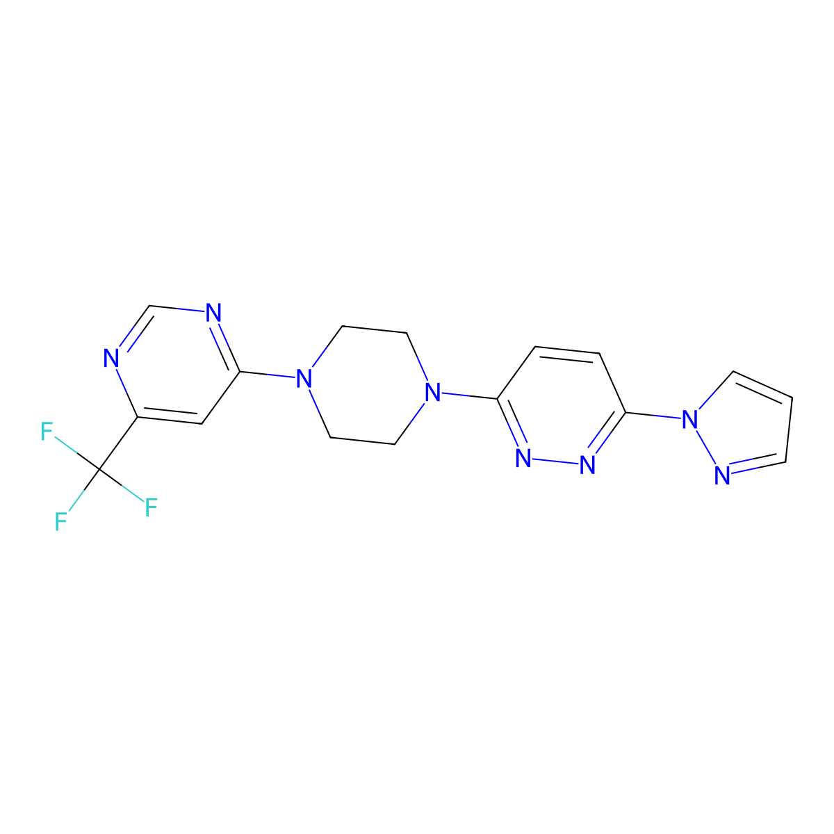 3-(1H-pyrazol-1-yl)-6-{4-[6-(trifluoromethyl)pyrimidin-4-yl]piperazin-1-yl}pyridazine molecular structure, CAS 2549048-41-9