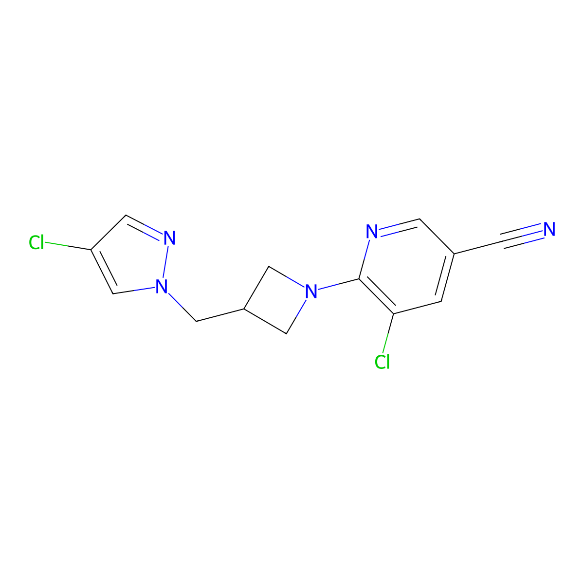5-chloro-6-{3-[(4-chloro-1H-pyrazol-1-yl)methyl]azetidin-1-yl}pyridine-3-carbonitrile molecular structure, CAS 2549048-42-0