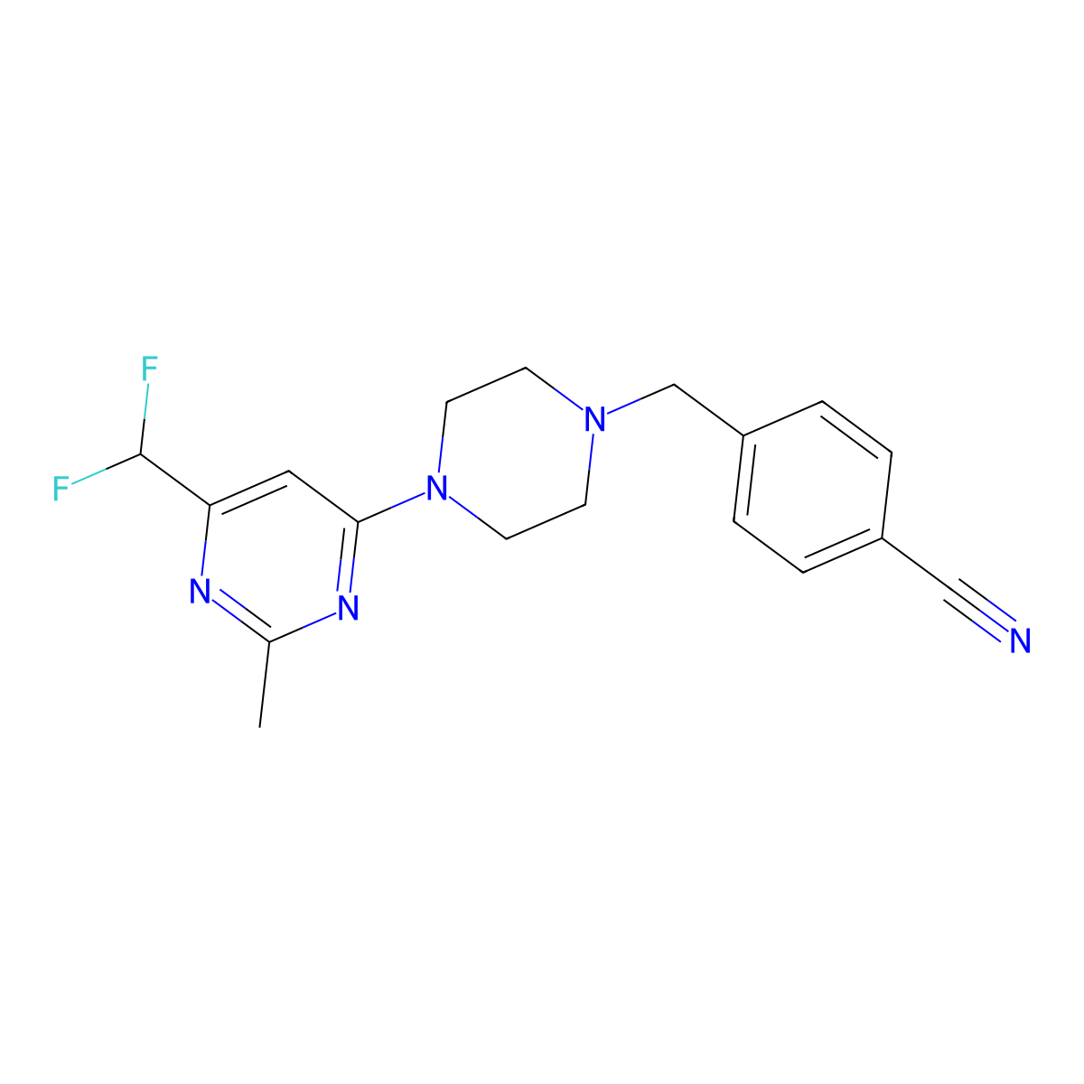 4-({4-[6-(Difluoromethyl)-2-methylpyrimidin-4-yl]piperazin-1-yl}methyl)benzonitrile molecular structure, CAS 2549048-43-1