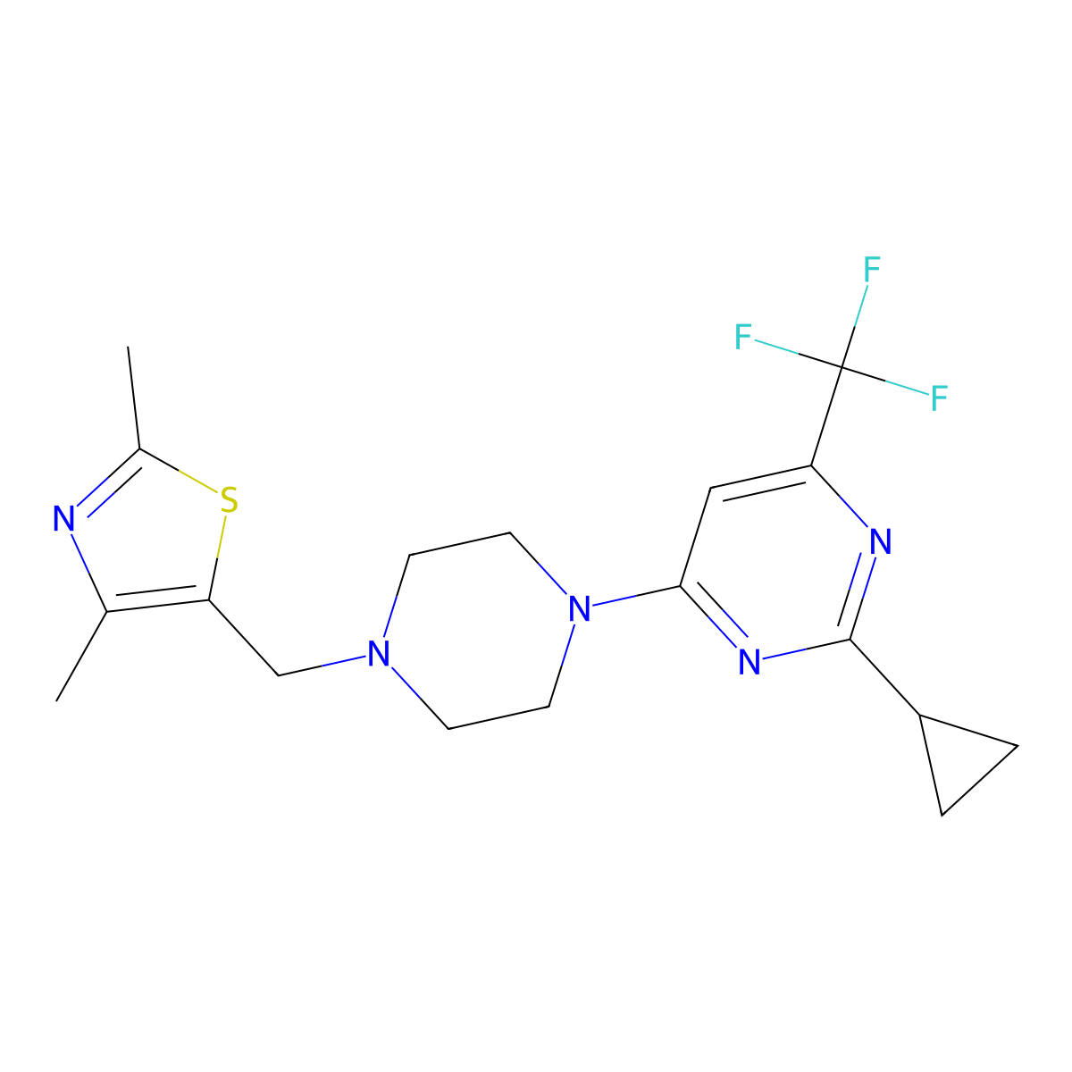2-Cyclopropyl-4-{4-[(2,4-dimethyl-1,3-thiazol-5-yl)methyl]piperazin-1-yl}-6-(trifluoromethyl)pyrimidine molecular structure, CAS 2549048-48-6
