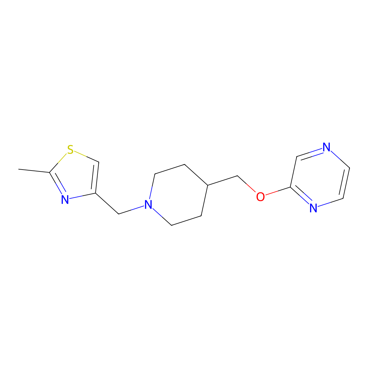 2-({1-[(2-Methyl-1,3-thiazol-4-yl)methyl]piperidin-4-yl}methoxy)pyrazine molecular structure, CAS 2549048-53-3