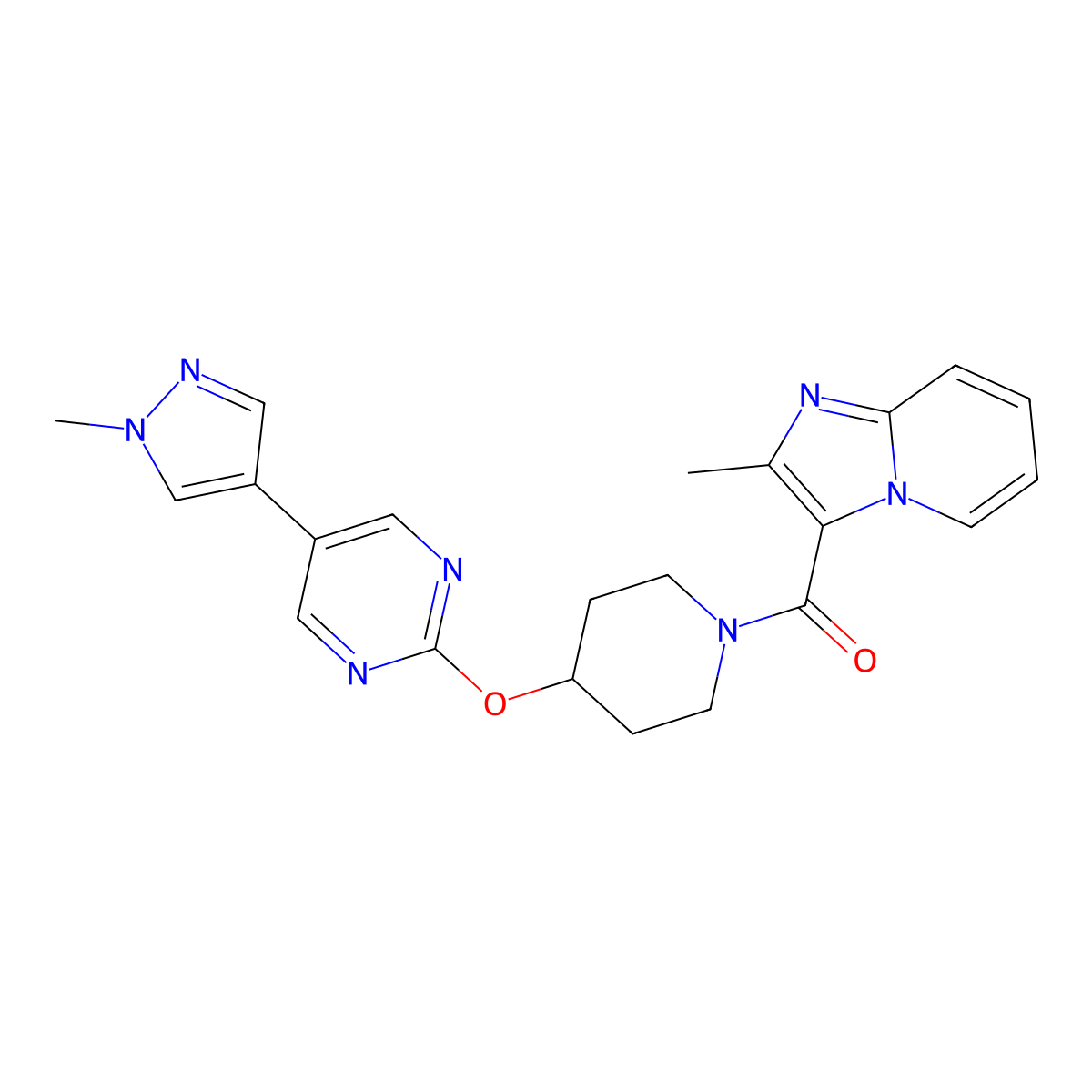 5-(1-methyl-1H-pyrazol-4-yl)-2-[(1-{2-methylimidazo[1,2-a]pyridine-3-carbonyl}piperidin-4-yl)oxy]pyrimidine molecular structure, CAS 2549048-54-4