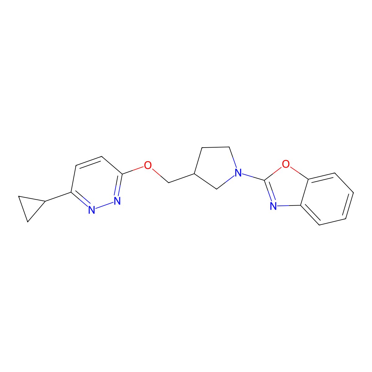 2-(3-{[(6-Cyclopropylpyridazin-3-yl)oxy]methyl}pyrrolidin-1-yl)-1,3-benzoxazole molecular structure, CAS 2549048-59-9