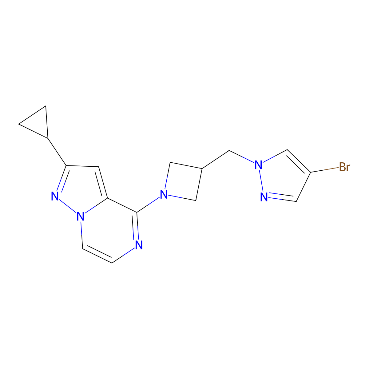 4-bromo-1-[(1-{2-cyclopropylpyrazolo[1,5-a]pyrazin-4-yl}azetidin-3-yl)methyl]-1H-pyrazole molecular structure, CAS 2549048-73-7
