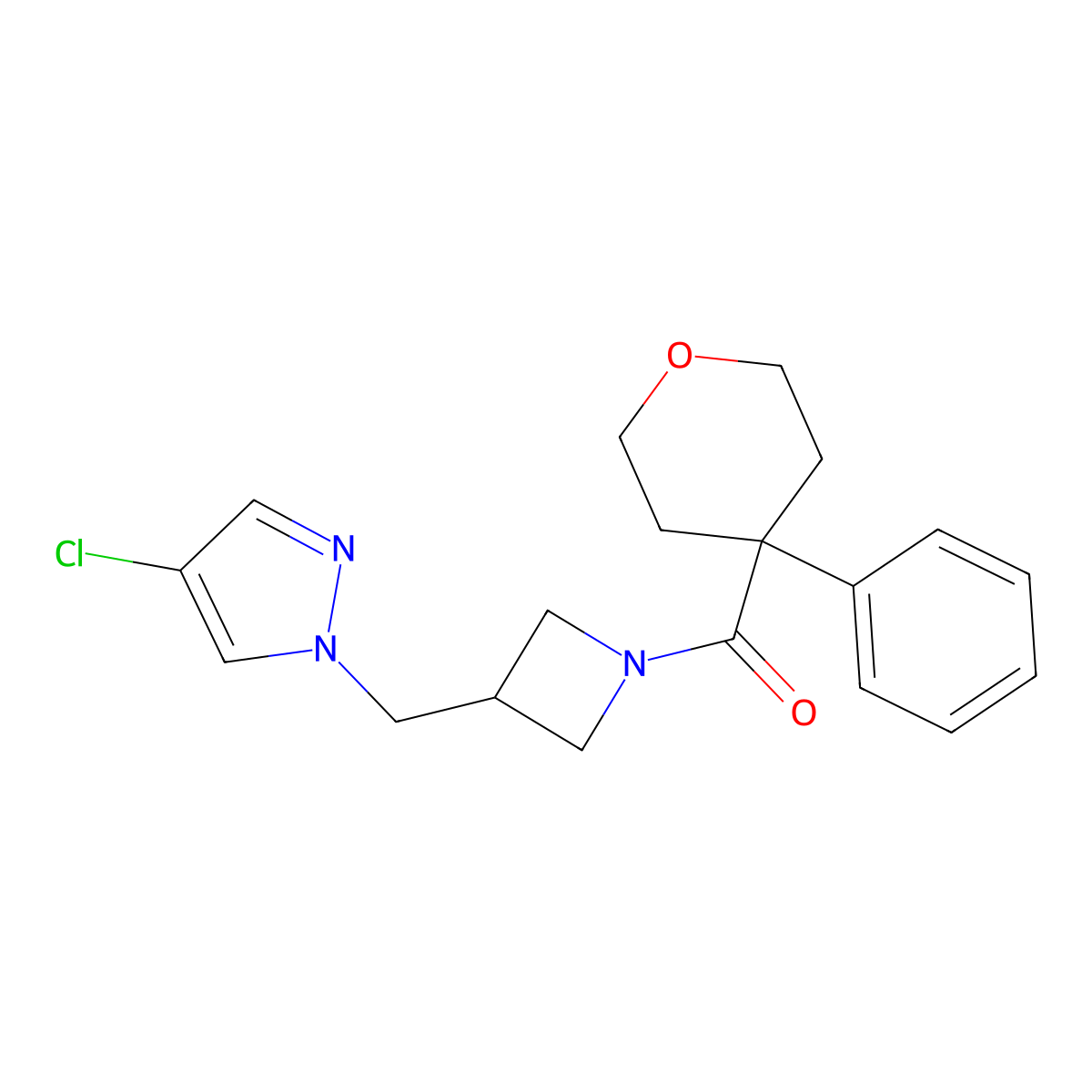 4-chloro-1-{[1-(4-phenyloxane-4-carbonyl)azetidin-3-yl]methyl}-1H-pyrazole molecular structure, CAS 2549048-82-8