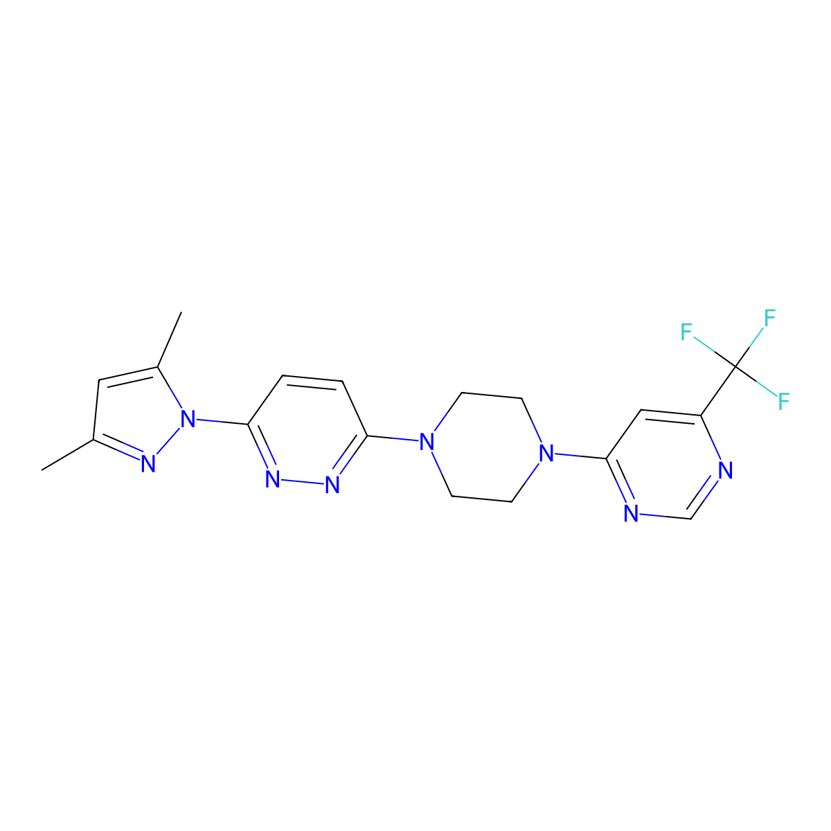 3-(3,5-dimethyl-1H-pyrazol-1-yl)-6-{4-[6-(trifluoromethyl)pyrimidin-4-yl]piperazin-1-yl}pyridazine molecular structure, CAS 2549048-86-2