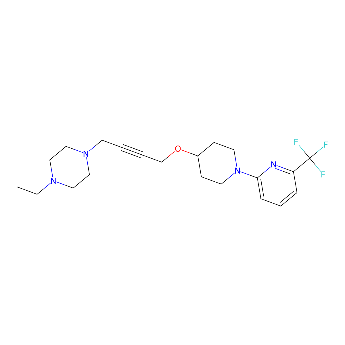 1-Ethyl-4-[4-({1-[6-(trifluoromethyl)pyridin-2-yl]piperidin-4-yl}oxy)but-2-yn-1-yl]piperazine molecular structure, CAS 2549049-01-4
