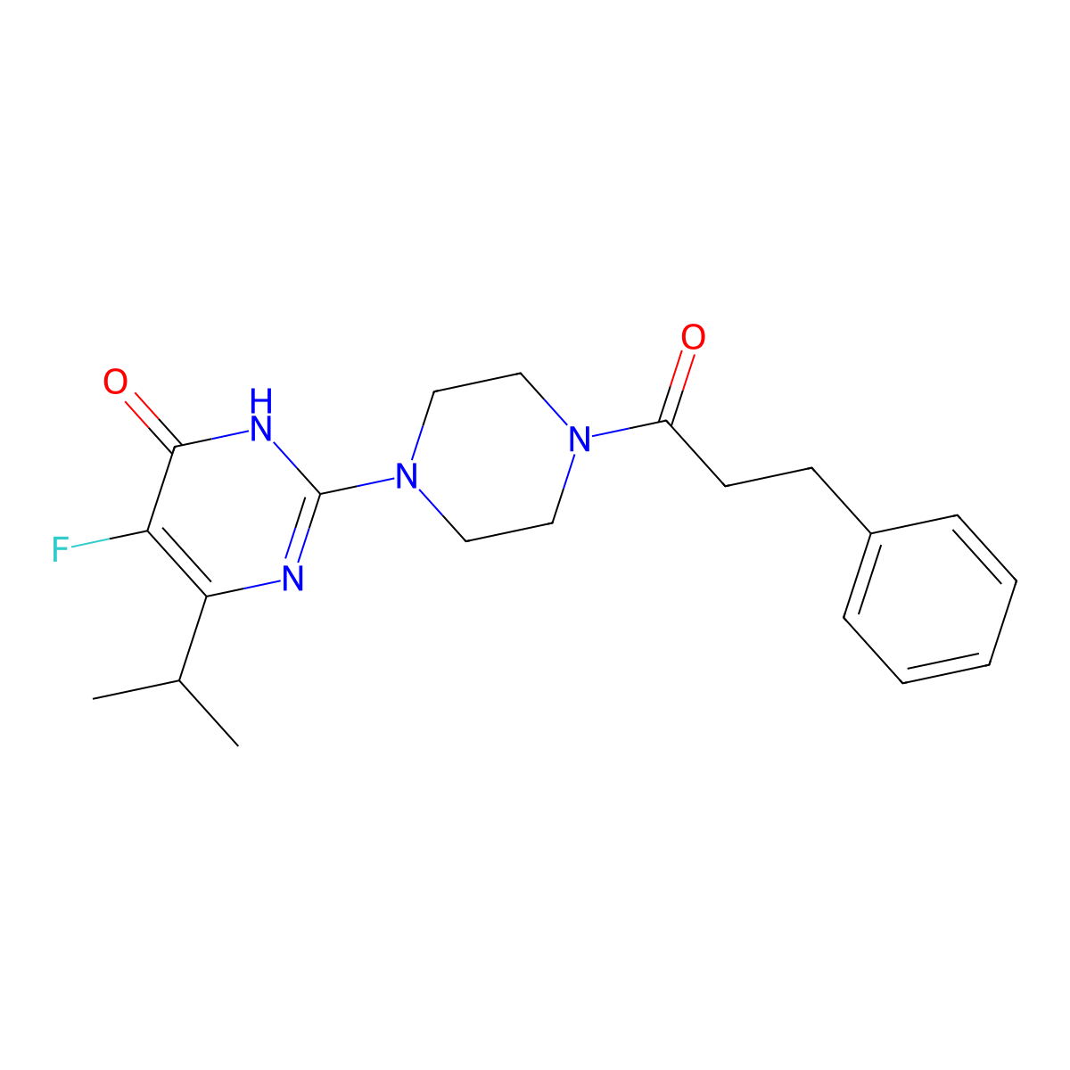5-Fluoro-2-[4-(3-phenylpropanoyl)piperazin-1-yl]-6-(propan-2-yl)-3,4-dihydropyrimidin-4-one molecular structure, CAS 2549049-16-1