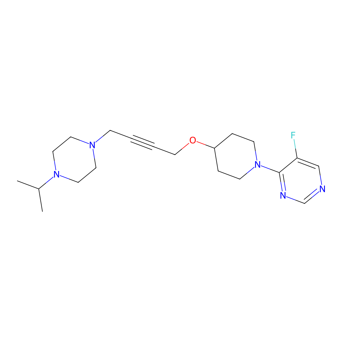 5-Fluoro-4-[4-({4-[4-(propan-2-yl)piperazin-1-yl]but-2-yn-1-yl}oxy)piperidin-1-yl]pyrimidine molecular structure, CAS 2549049-29-6
