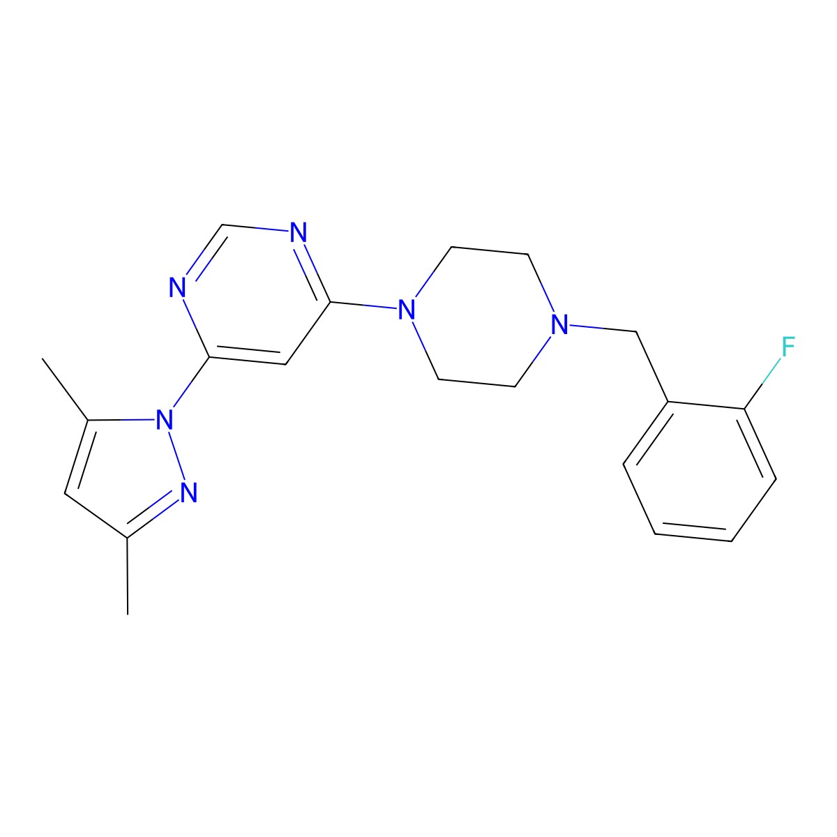 4-(3,5-dimethyl-1H-pyrazol-1-yl)-6-{4-[(2-fluorophenyl)methyl]piperazin-1-yl}pyrimidine molecular structure, CAS 2549049-33-2