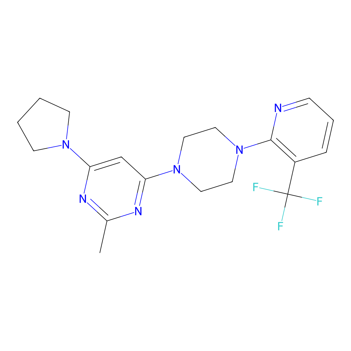 2-Methyl-4-(pyrrolidin-1-yl)-6-{4-[3-(trifluoromethyl)pyridin-2-yl]piperazin-1-yl}pyrimidine molecular structure, CAS 2549049-39-8