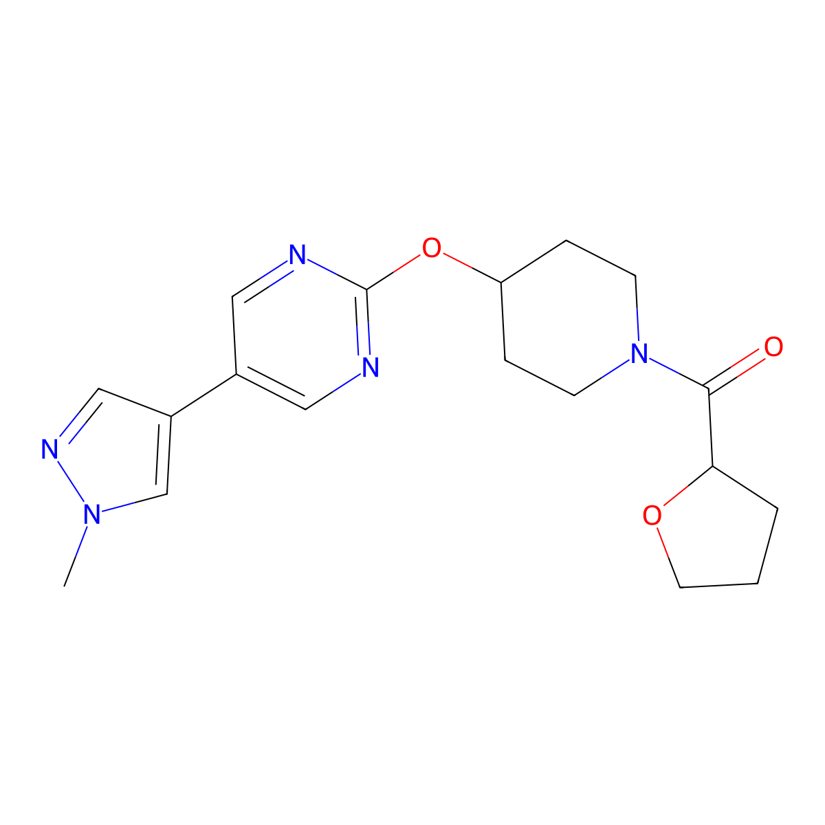 5-(1-methyl-1H-pyrazol-4-yl)-2-{[1-(oxolane-2-carbonyl)piperidin-4-yl]oxy}pyrimidine molecular structure, CAS 2549049-43-4