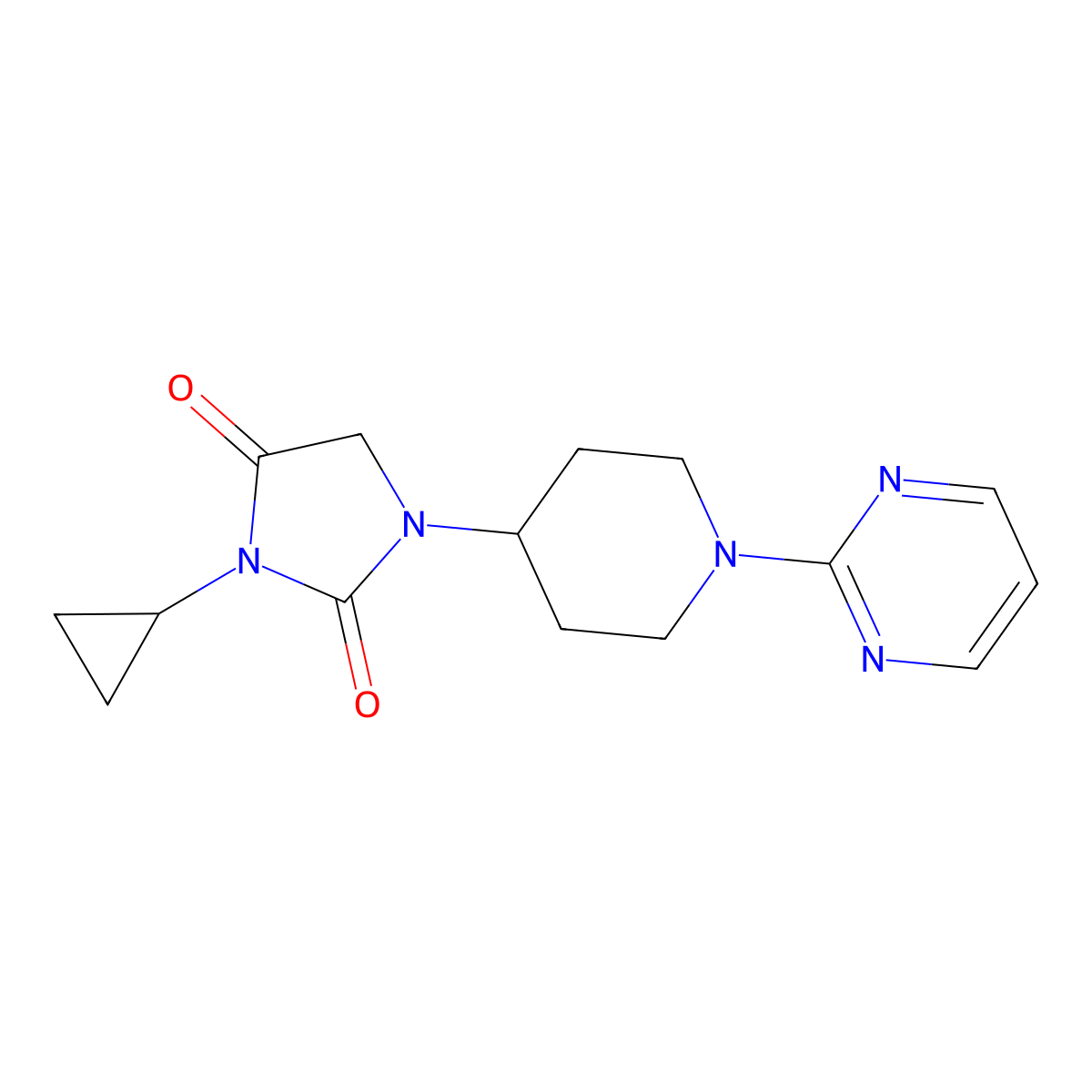 3-Cyclopropyl-1-[1-(pyrimidin-2-yl)piperidin-4-yl]imidazolidine-2,4-dione molecular structure, CAS 2549049-45-6