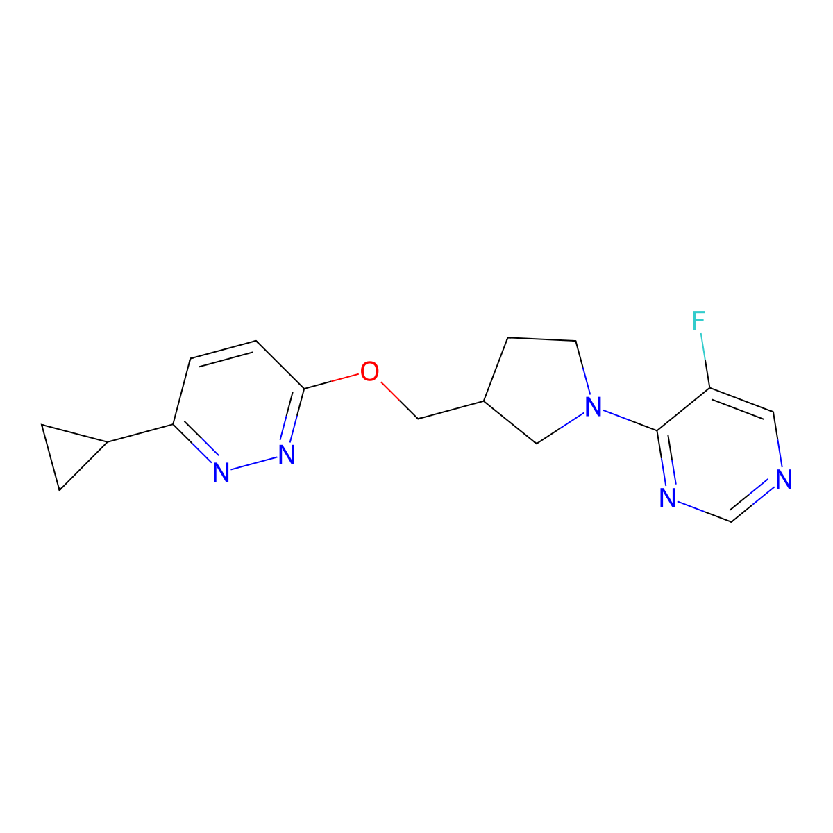 4-(3-{[(6-Cyclopropylpyridazin-3-yl)oxy]methyl}pyrrolidin-1-yl)-5-fluoropyrimidine molecular structure, CAS 2549049-52-5