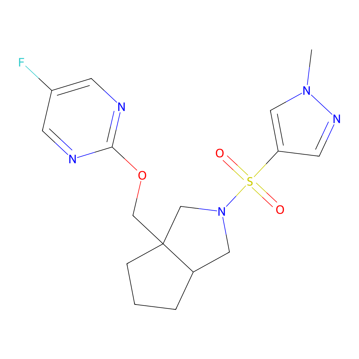 5-fluoro-2-({2-[(1-methyl-1H-pyrazol-4-yl)sulfonyl]-octahydrocyclopenta[c]pyrrol-3a-yl}methoxy)pyrimidine molecular structure, CAS 2549049-71-8