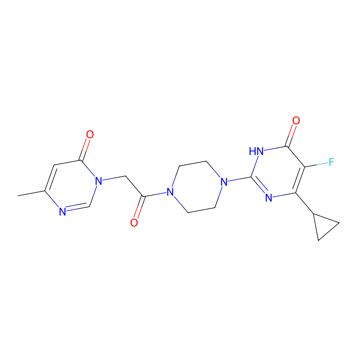 6-Cyclopropyl-5-fluoro-2-{4-[2-(4-methyl-6-oxo-1,6-dihydropyrimidin-1-yl)acetyl]piperazin-1-yl}-3,4-dihydropyrimidin-4-one molecular structure, CAS 2549049-79-6