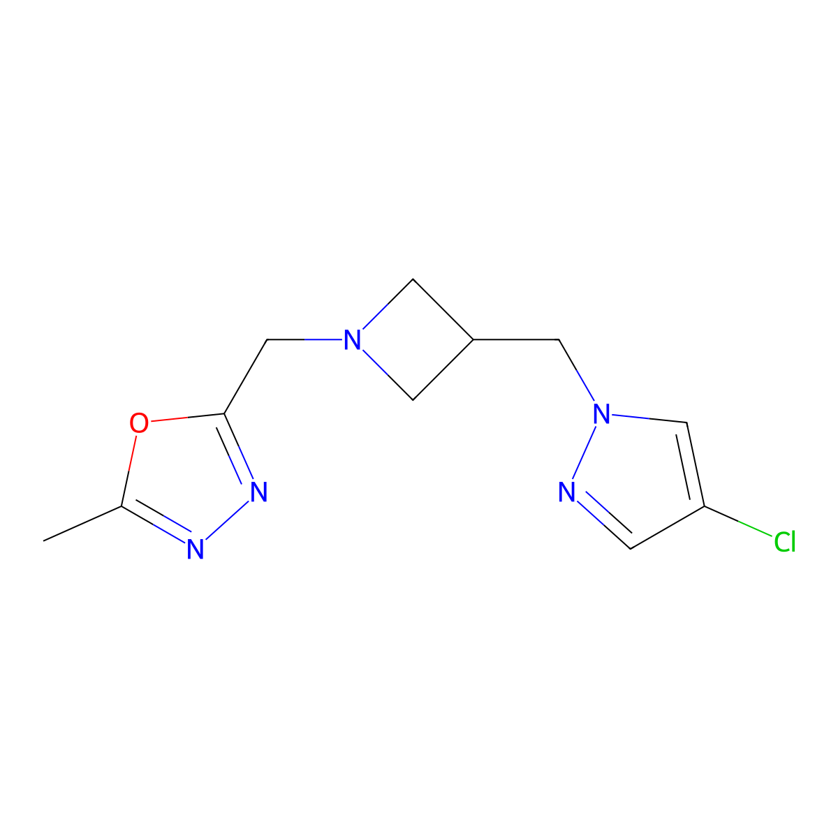 2-({3-[(4-chloro-1H-pyrazol-1-yl)methyl]azetidin-1-yl}methyl)-5-methyl-1,3,4-oxadiazole molecular structure, CAS 2549049-81-0