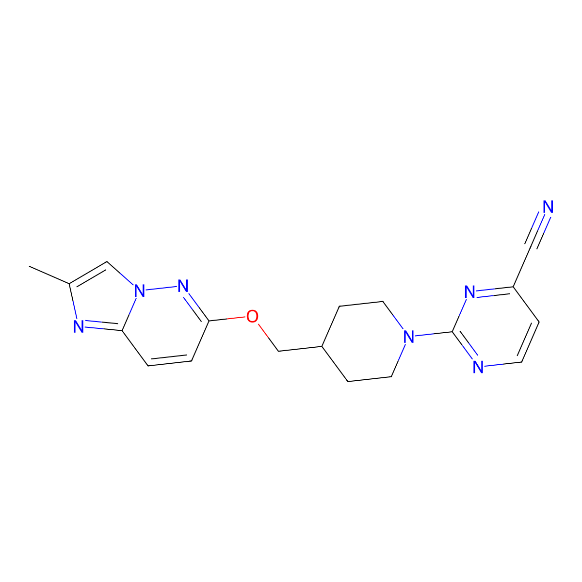 2-{4-[({2-Methylimidazo[1,2-b]pyridazin-6-yl}oxy)methyl]piperidin-1-yl}pyrimidine-4-carbonitrile molecular structure, CAS 2549049-89-8