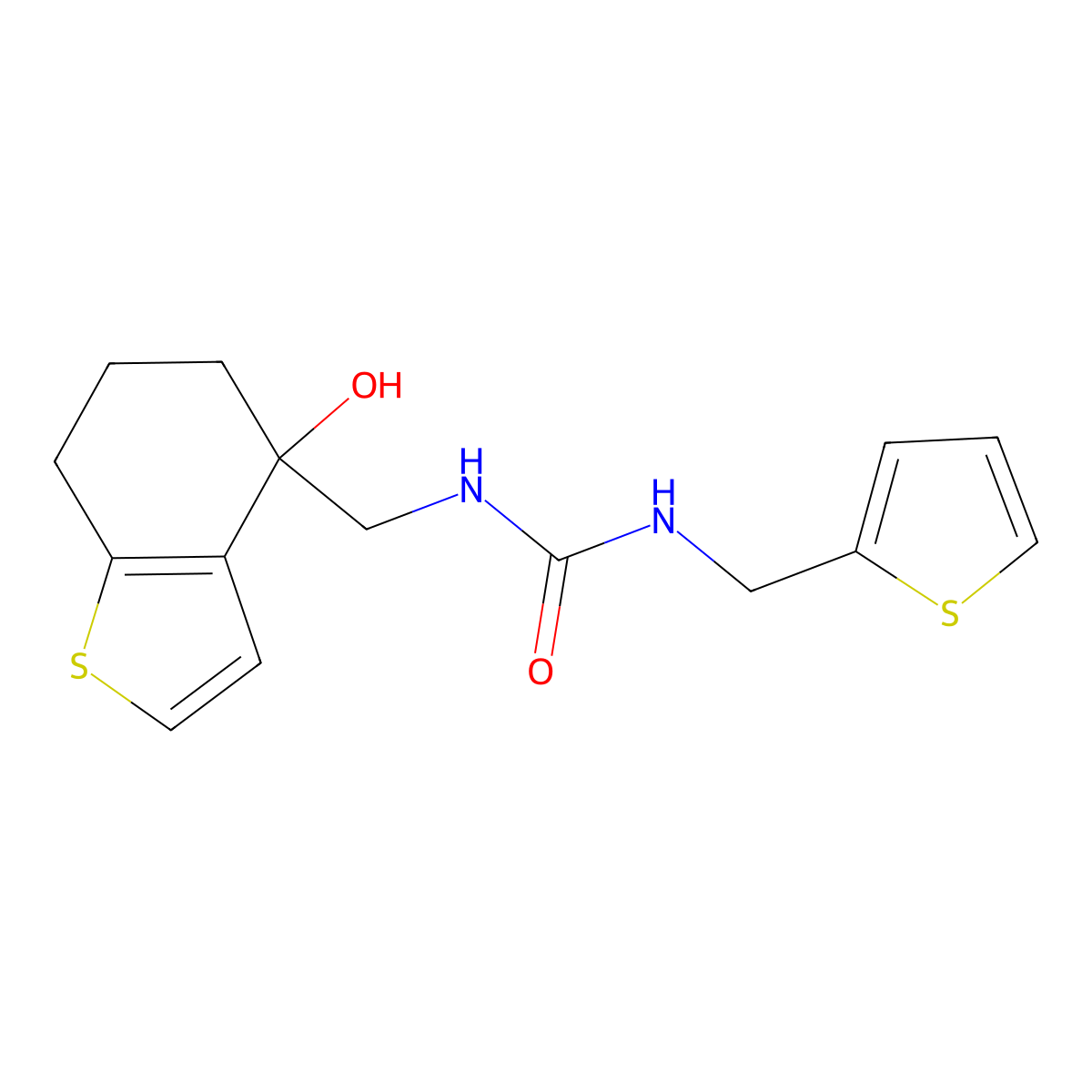 3-[(4-Hydroxy-4,5,6,7-tetrahydro-1-benzothiophen-4-yl)methyl]-1-[(thiophen-2-yl)methyl]urea molecular structure, CAS 2549049-90-1