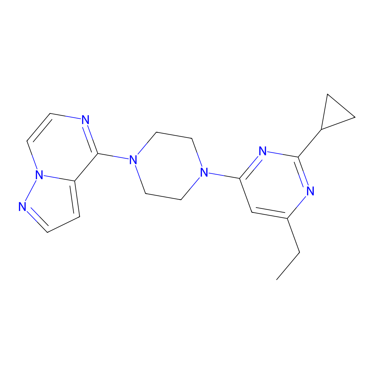 2-Cyclopropyl-4-ethyl-6-(4-{pyrazolo[1,5-a]pyrazin-4-yl}piperazin-1-yl)pyrimidine molecular structure, CAS 2549049-92-3