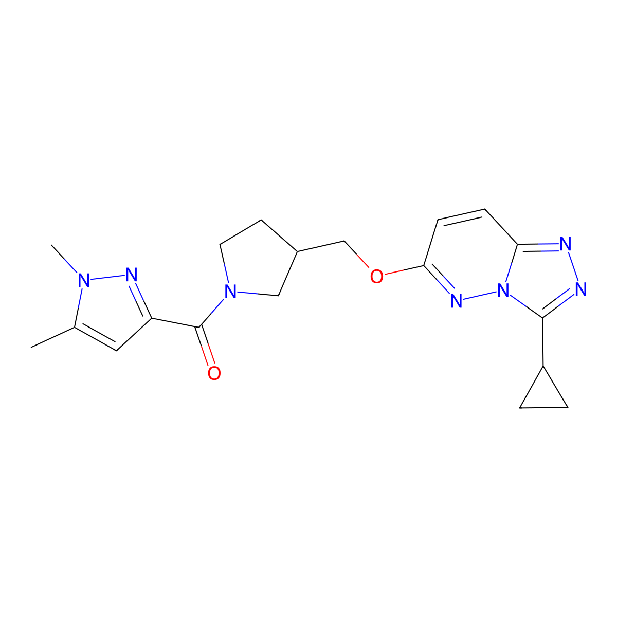 3-{3-[({3-cyclopropyl-[1,2,4]triazolo[4,3-b]pyridazin-6-yl}oxy)methyl]pyrrolidine-1-carbonyl}-1,5-dimethyl-1H-pyrazole molecular structure, CAS 2549049-95-6