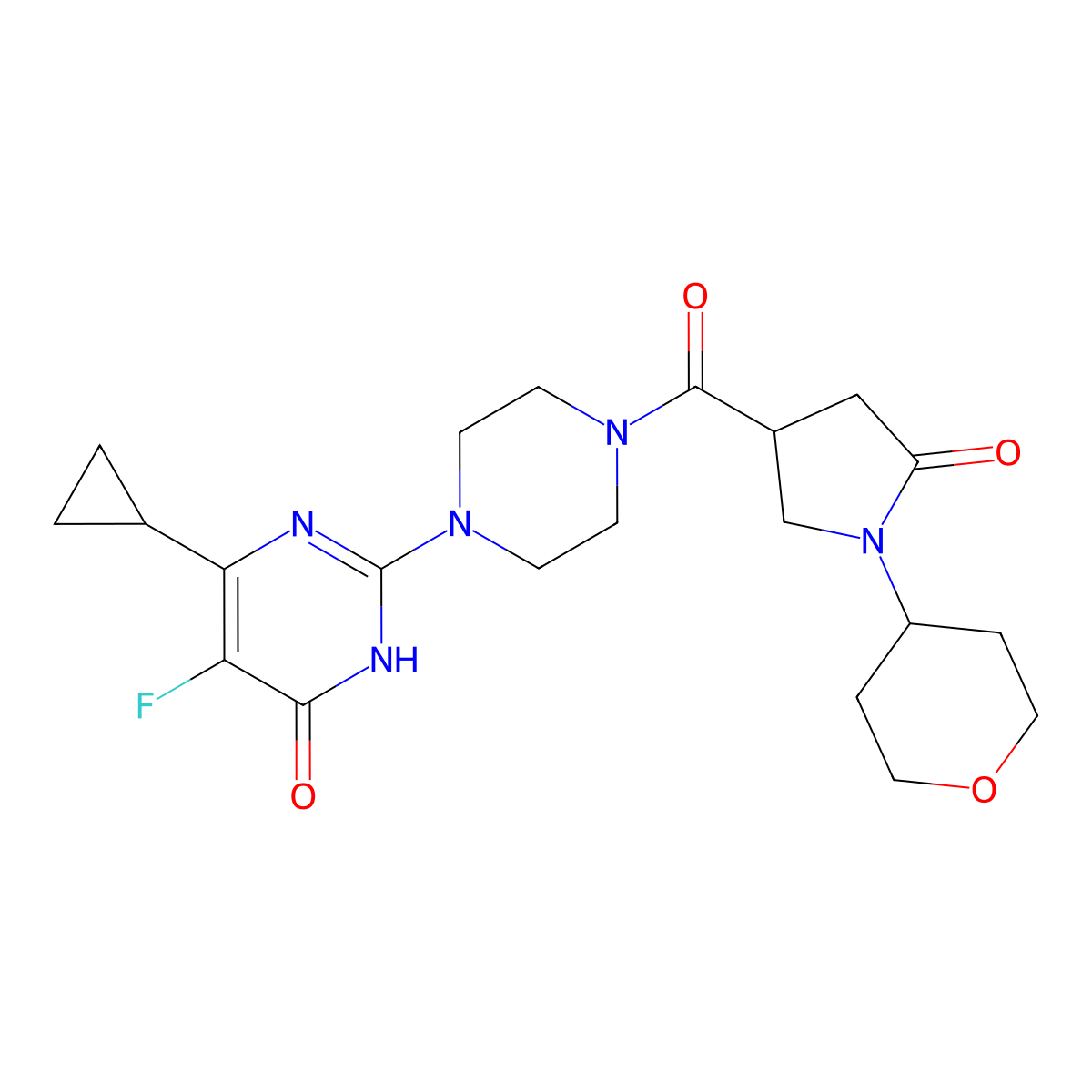 6-Cyclopropyl-5-fluoro-2-{4-[1-(oxan-4-yl)-5-oxopyrrolidine-3-carbonyl]piperazin-1-yl}-3,4-dihydropyrimidin-4-one molecular structure, CAS 2549050-11-3
