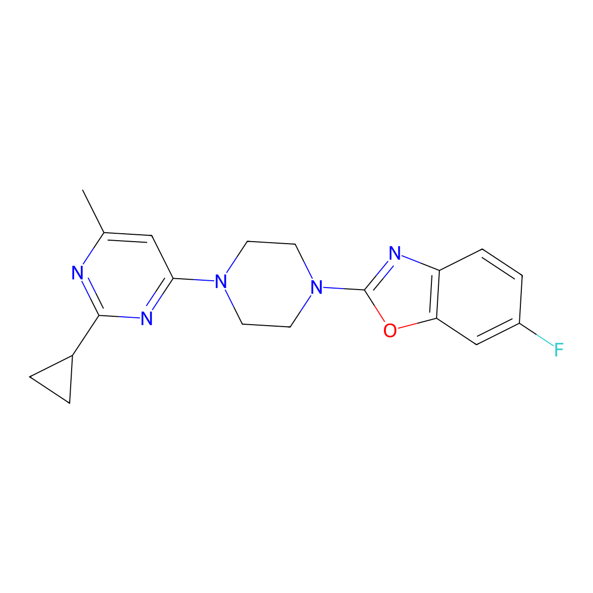 2-[4-(2-Cyclopropyl-6-methylpyrimidin-4-yl)piperazin-1-yl]-6-fluoro-1,3-benzoxazole molecular structure, CAS 2549050-23-7