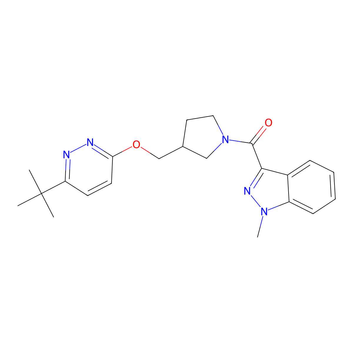 3-(3-{[(6-tert-butylpyridazin-3-yl)oxy]methyl}pyrrolidine-1-carbonyl)-1-methyl-1H-indazole molecular structure, CAS 2549050-27-1