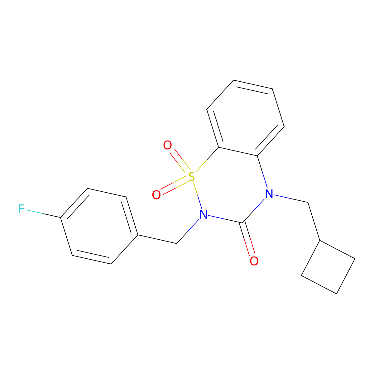 4-(cyclobutylmethyl)-2-[(4-fluorophenyl)methyl]-3,4-dihydro-2H-1lambda6,2,4-benzothiadiazine-1,1,3-trione molecular structure, CAS 2549050-29-3