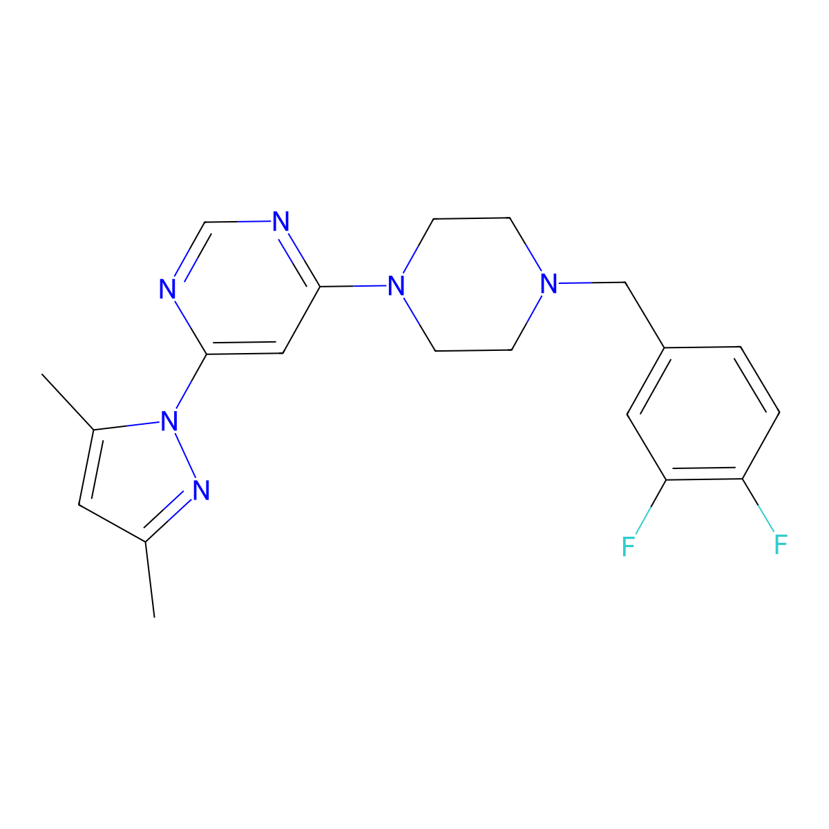 4-{4-[(3,4-difluorophenyl)methyl]piperazin-1-yl}-6-(3,5-dimethyl-1H-pyrazol-1-yl)pyrimidine molecular structure, CAS 2549050-37-3