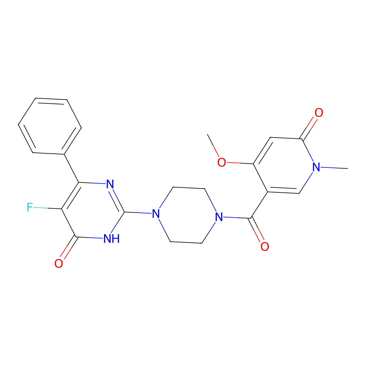 5-Fluoro-2-[4-(4-methoxy-1-methyl-6-oxo-1,6-dihydropyridine-3-carbonyl)piperazin-1-yl]-6-phenyl-3,4-dihydropyrimidin-4-one molecular structure, CAS 2549050-41-9
