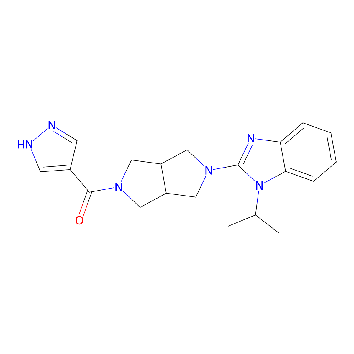 1-(propan-2-yl)-2-[5-(1H-pyrazole-4-carbonyl)-octahydropyrrolo[3,4-c]pyrrol-2-yl]-1H-1,3-benzodiazole molecular structure, CAS 2549050-42-0