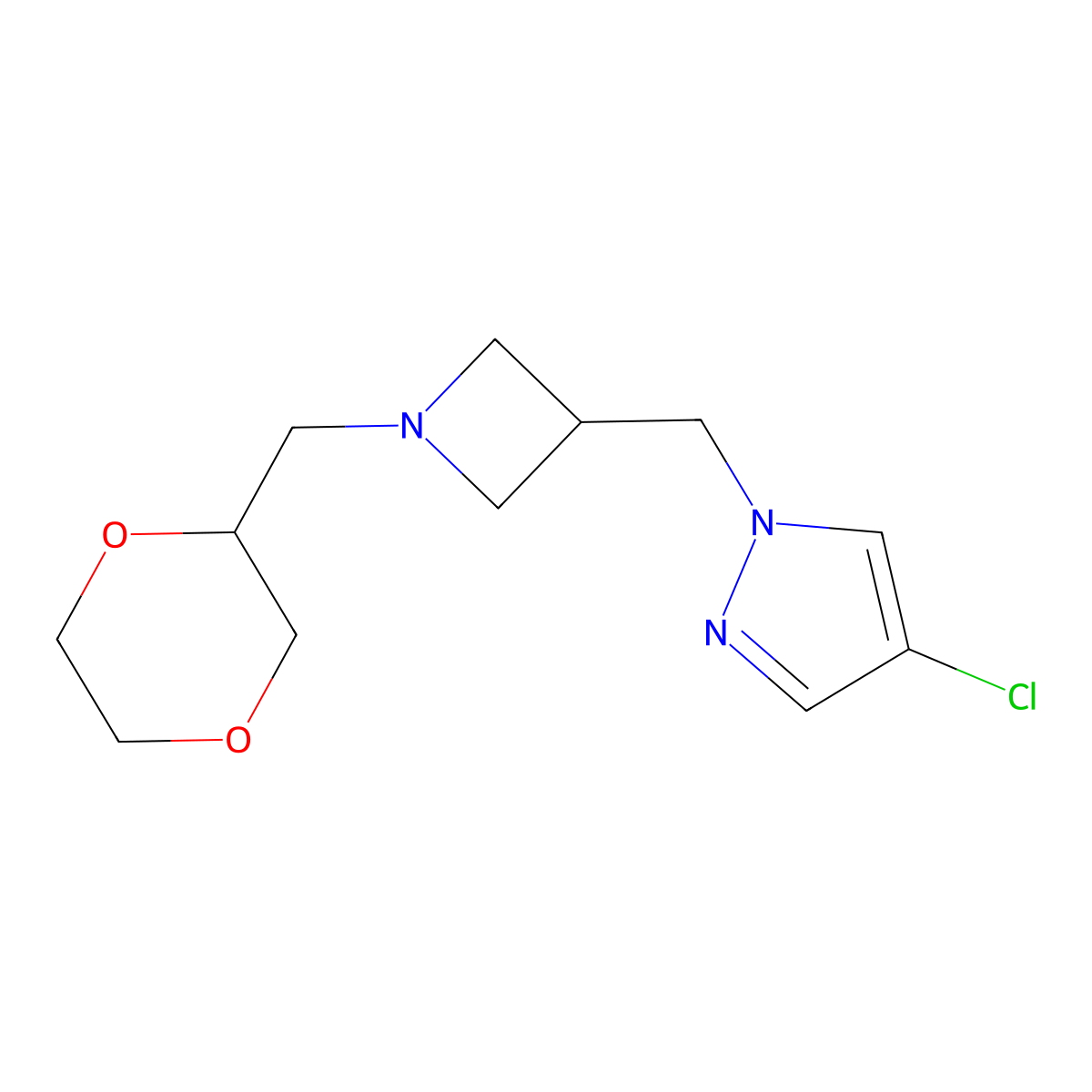 4-chloro-1-({1-[(1,4-dioxan-2-yl)methyl]azetidin-3-yl}methyl)-1H-pyrazole molecular structure, CAS 2549050-46-4