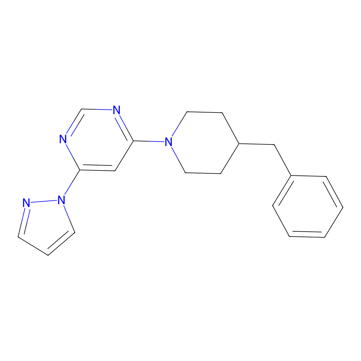 4-(4-benzylpiperidin-1-yl)-6-(1H-pyrazol-1-yl)pyrimidine molecular structure, CAS 2549050-56-6