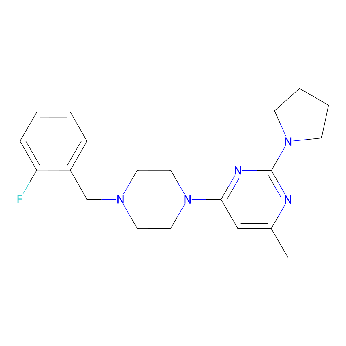 4-{4-[(2-Fluorophenyl)methyl]piperazin-1-yl}-6-methyl-2-(pyrrolidin-1-yl)pyrimidine molecular structure, CAS 2549050-60-2