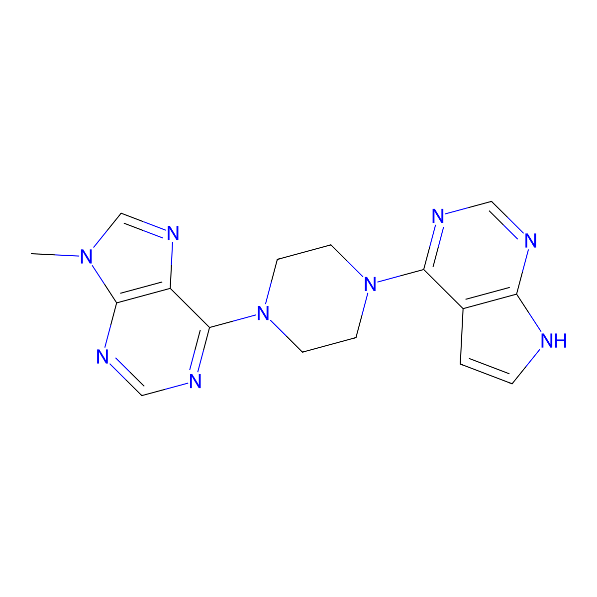 9-methyl-6-(4-{7H-pyrrolo[2,3-d]pyrimidin-4-yl}piperazin-1-yl)-9H-purine molecular structure, CAS 2549050-75-9