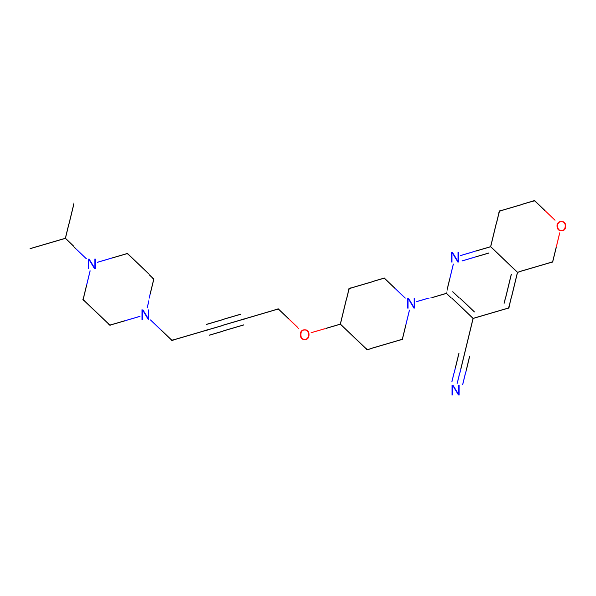 2-[4-({4-[4-(propan-2-yl)piperazin-1-yl]but-2-yn-1-yl}oxy)piperidin-1-yl]-5H,7H,8H-pyrano[4,3-b]pyridine-3-carbonitrile molecular structure, CAS 2549050-84-0