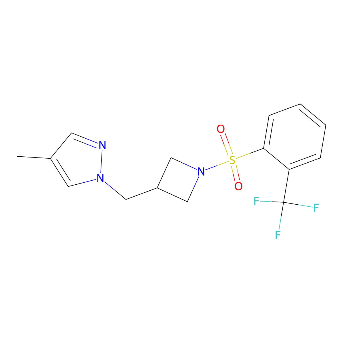 4-methyl-1-({1-[2-(trifluoromethyl)benzenesulfonyl]azetidin-3-yl}methyl)-1H-pyrazole molecular structure, CAS 2549050-93-1