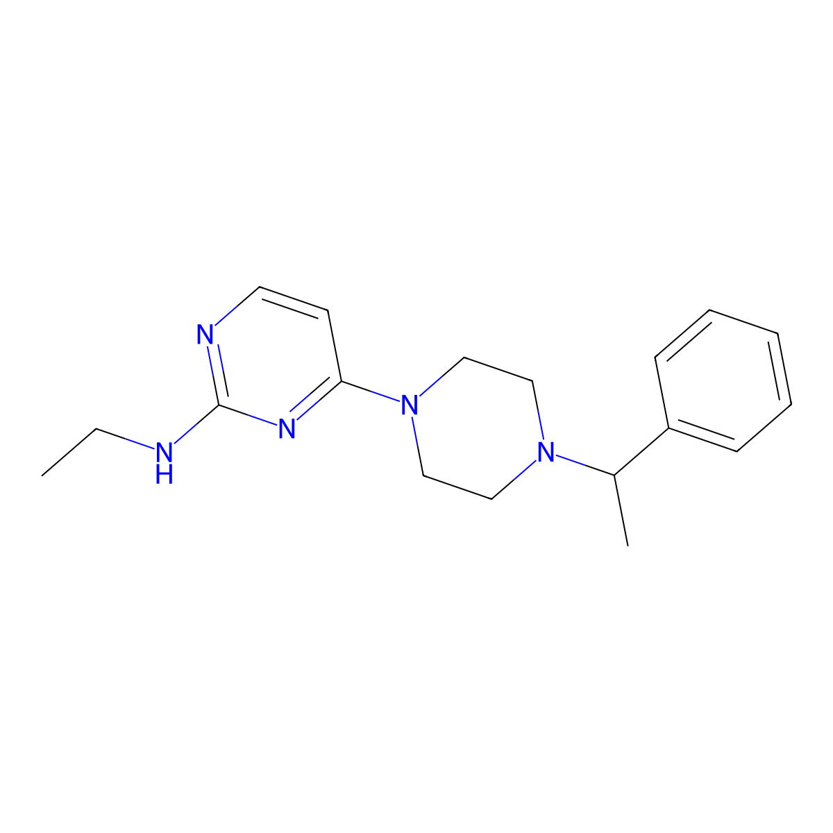 N-ethyl-4-[4-(1-phenylethyl)piperazin-1-yl]pyrimidin-2-amine molecular structure, CAS 2549051-03-6