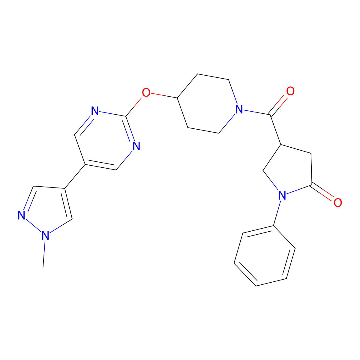 4-(4-{[5-(1-methyl-1H-pyrazol-4-yl)pyrimidin-2-yl]oxy}piperidine-1-carbonyl)-1-phenylpyrrolidin-2-one molecular structure, CAS 2549051-14-9