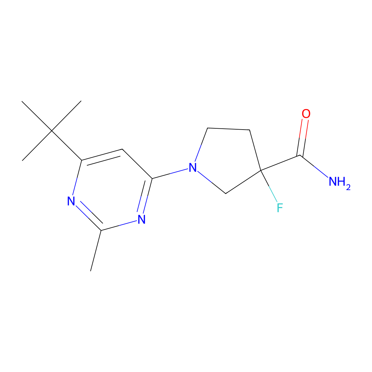 1-(6-Tert-butyl-2-methylpyrimidin-4-yl)-3-fluoropyrrolidine-3-carboxamide molecular structure, CAS 2549051-19-4