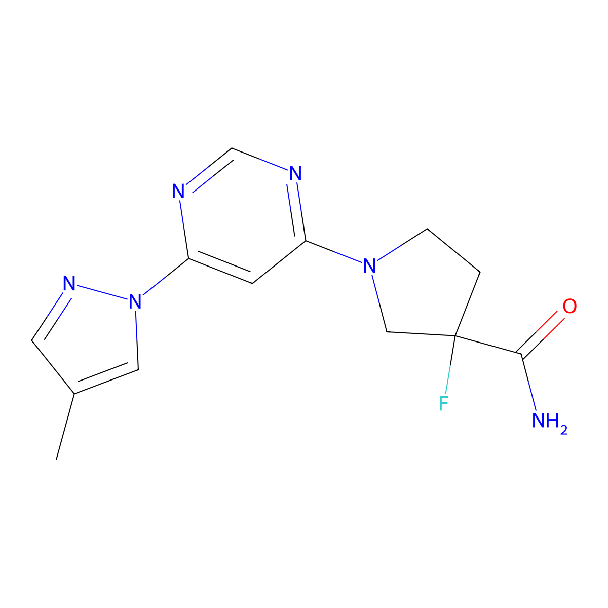 3-fluoro-1-[6-(4-methyl-1H-pyrazol-1-yl)pyrimidin-4-yl]pyrrolidine-3-carboxamide molecular structure, CAS 2549051-22-9