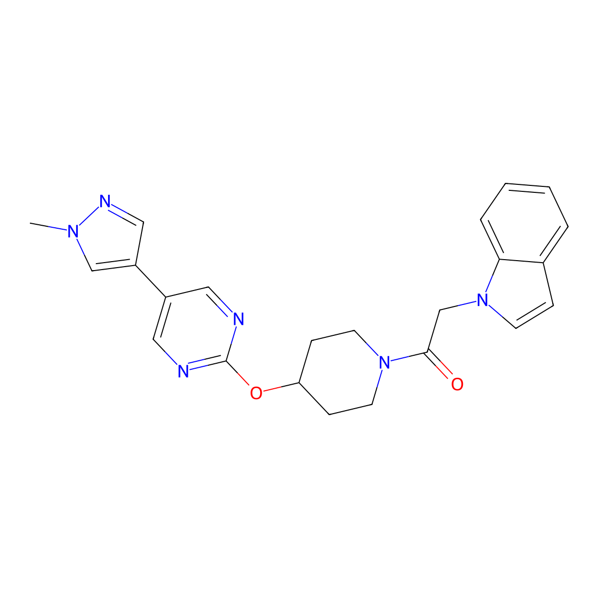 2-(1H-indol-1-yl)-1-(4-{[5-(1-methyl-1H-pyrazol-4-yl)pyrimidin-2-yl]oxy}piperidin-1-yl)ethan-1-one molecular structure, CAS 2549051-24-1