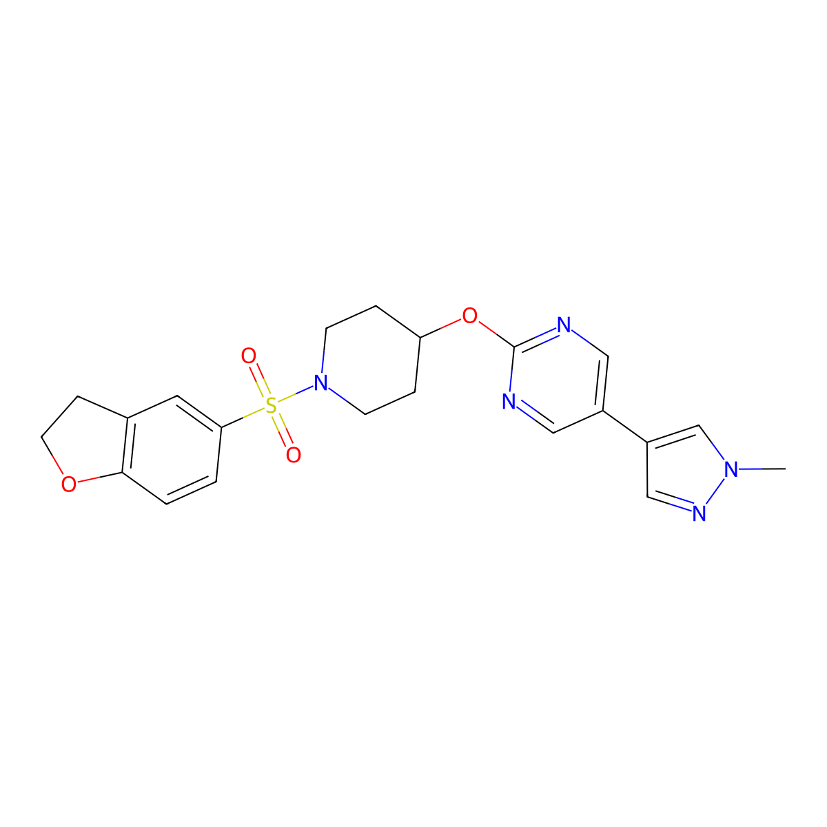 2-{[1-(2,3-dihydro-1-benzofuran-5-sulfonyl)piperidin-4-yl]oxy}-5-(1-methyl-1H-pyrazol-4-yl)pyrimidine molecular structure, CAS 2549051-27-4
