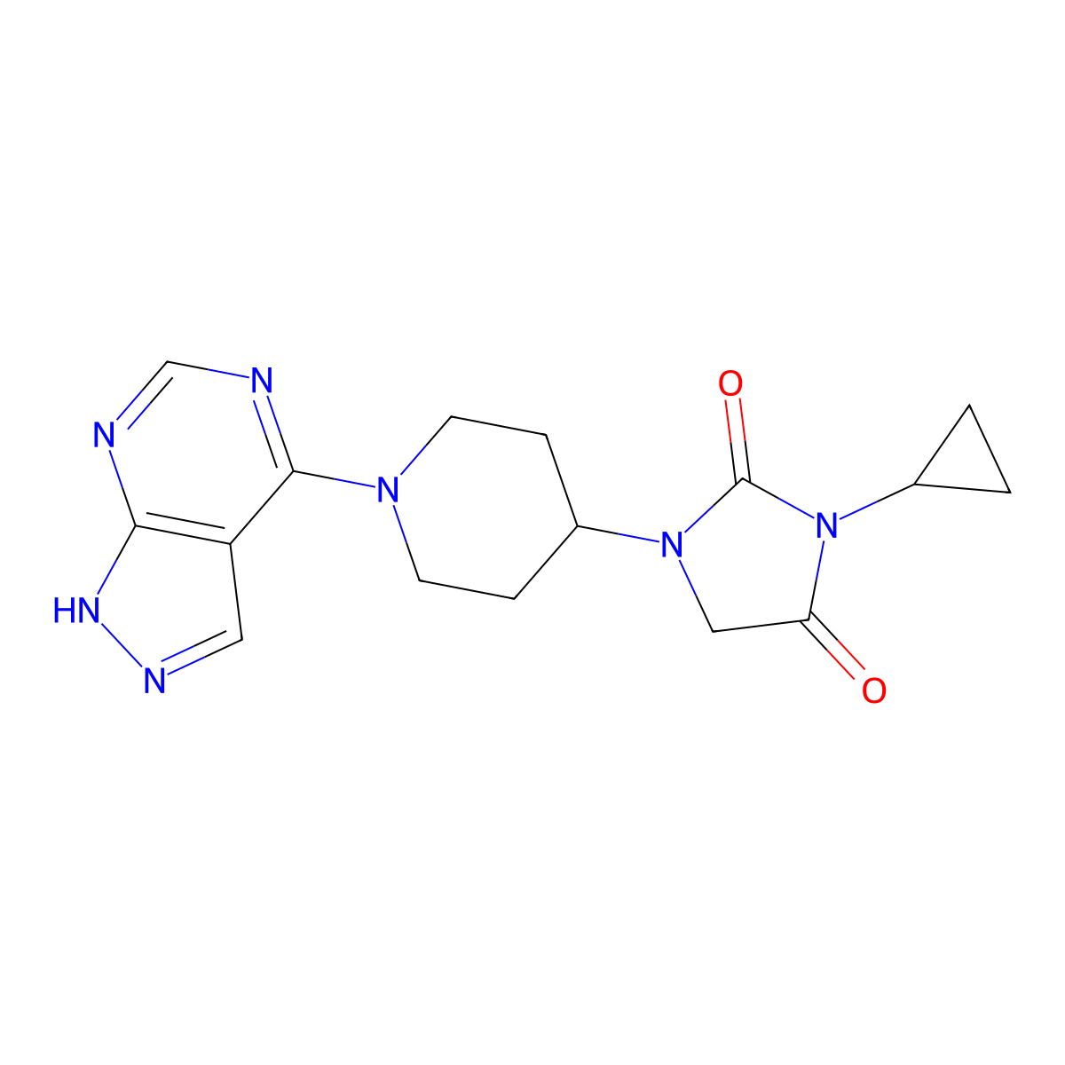 3-cyclopropyl-1-(1-{1H-pyrazolo[3,4-d]pyrimidin-4-yl}piperidin-4-yl)imidazolidine-2,4-dione molecular structure, CAS 2549051-28-5