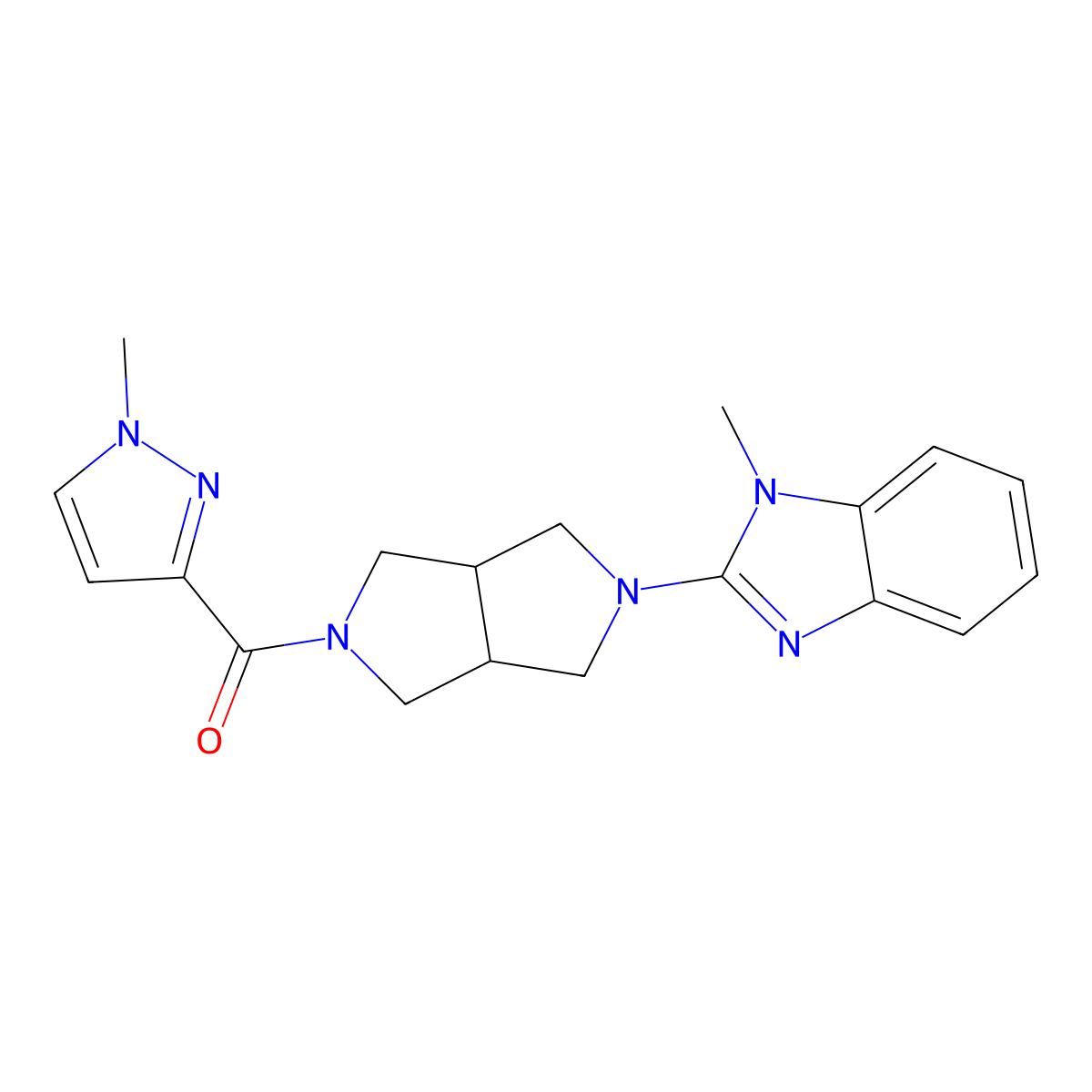1-methyl-2-[5-(1-methyl-1H-pyrazole-3-carbonyl)-octahydropyrrolo[3,4-c]pyrrol-2-yl]-1H-1,3-benzodiazole molecular structure, CAS 2549051-37-6