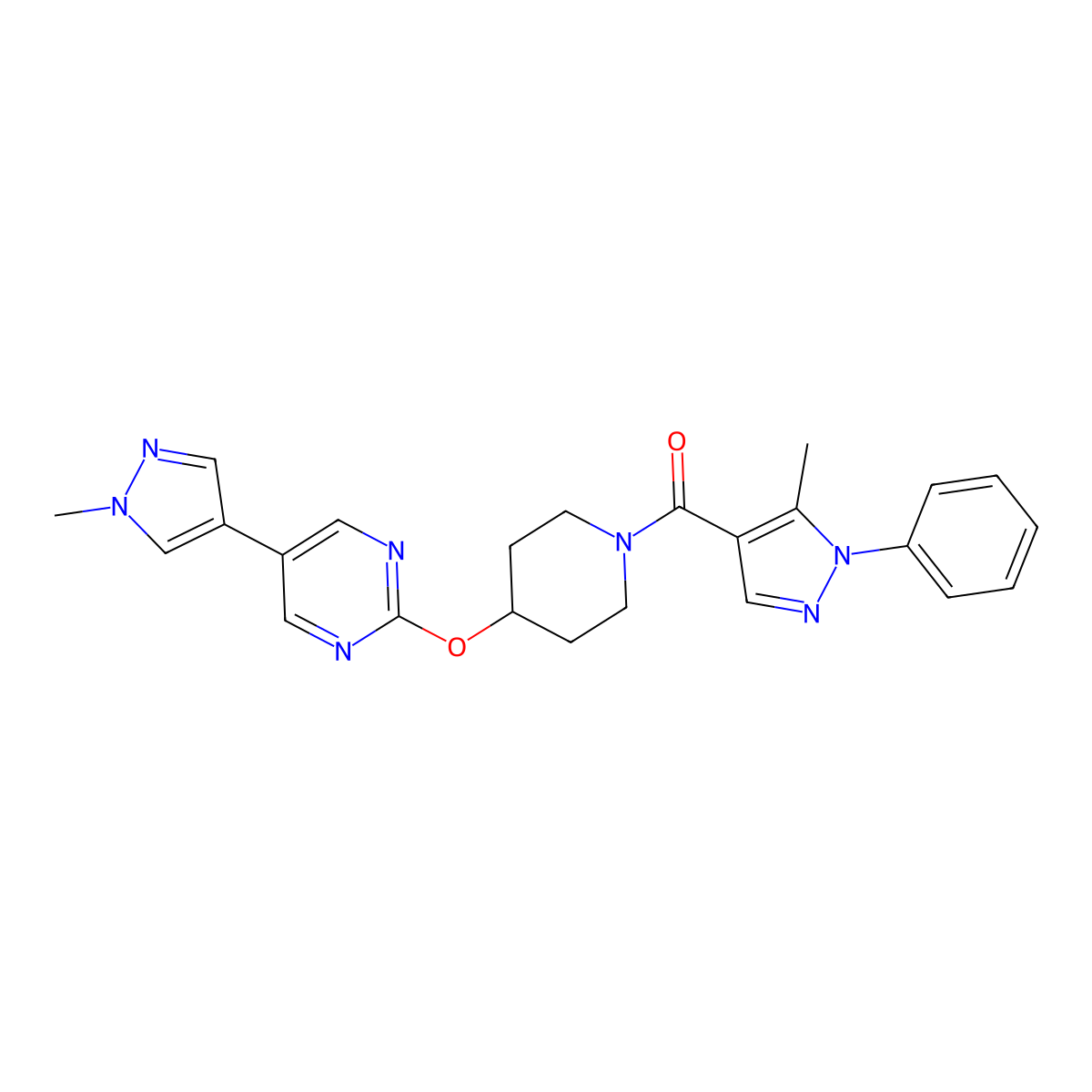 2-{[1-(5-methyl-1-phenyl-1H-pyrazole-4-carbonyl)piperidin-4-yl]oxy}-5-(1-methyl-1H-pyrazol-4-yl)pyrimidine molecular structure, CAS 2549051-39-8