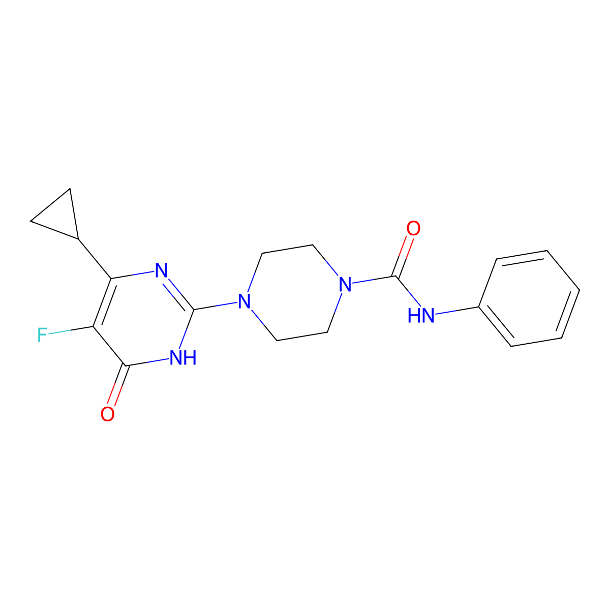 4-(4-cyclopropyl-5-fluoro-6-oxo-1,6-dihydropyrimidin-2-yl)-N-phenylpiperazine-1-carboxamide molecular structure, CAS 2549051-42-3