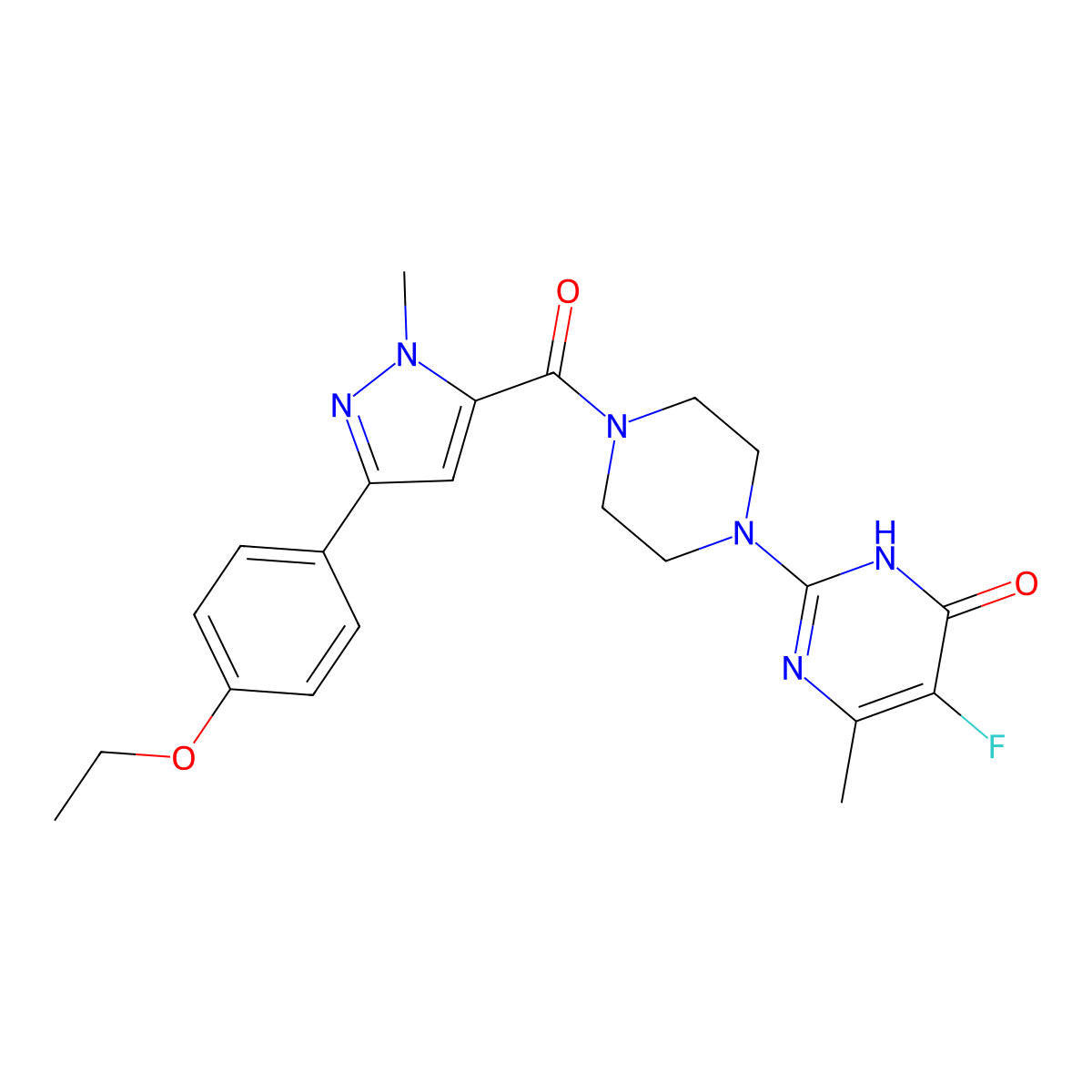 2-{4-[3-(4-ethoxyphenyl)-1-methyl-1H-pyrazole-5-carbonyl]piperazin-1-yl}-5-fluoro-6-methyl-3,4-dihydropyrimidin-4-one molecular structure, CAS 2549051-70-7
